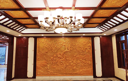 会宁中式别墅客厅中式木作横梁吊顶装饰展示