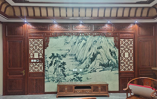 会宁中式仿古别墅客厅背景墙花格木作装饰